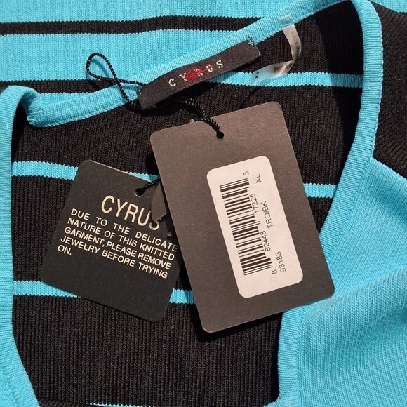 Cyrus Black Turquoise Stripe Knit Top Asymmetrical Neck Line Sz L Bold Unique... - Picture 4 of 6